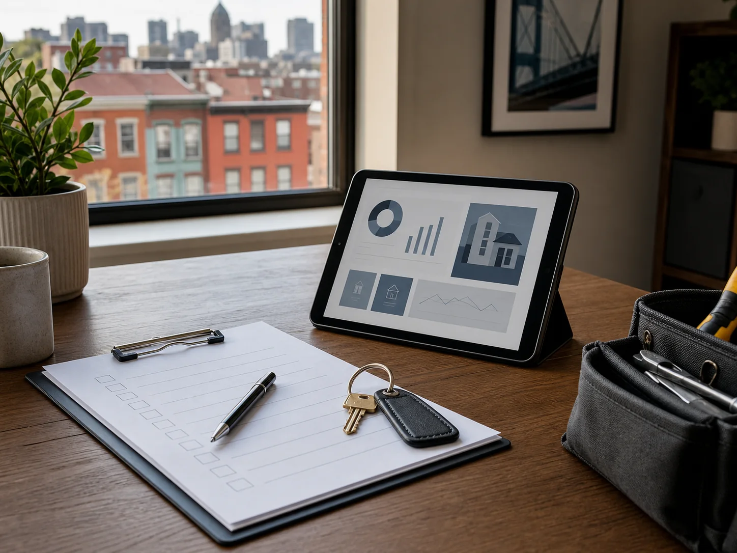 Property management workspace with keys, checklist, and abstract dashboard